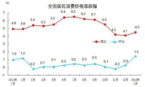 统计局 1月CPI同比上涨4 5  居住价格涨1 9 